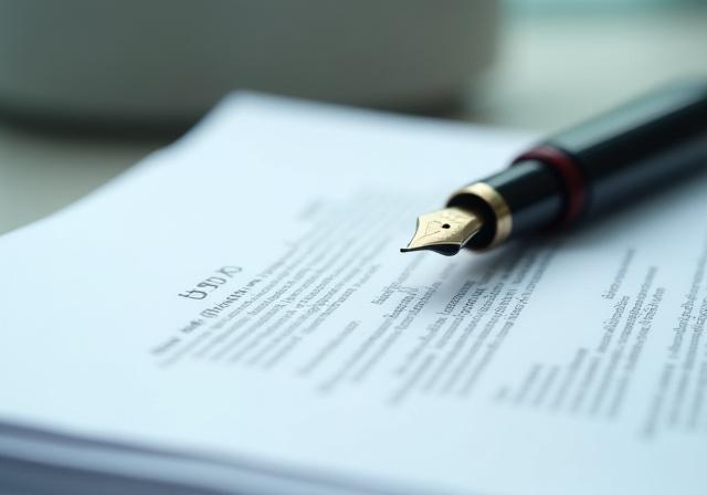 Close-up of a professional fountain pen resting on a finely printed legal contract