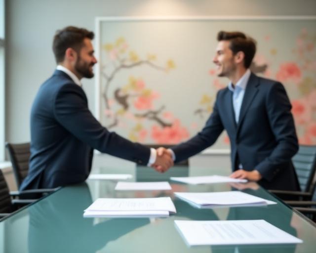 Two professionals shaking hands over a table with business documents in a clean modern office