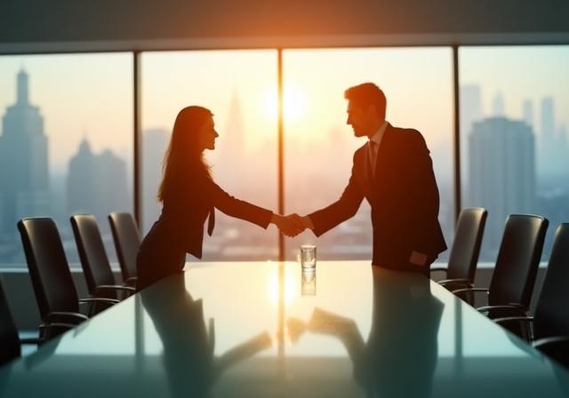 Two professionals shaking hands across a glass boardroom table